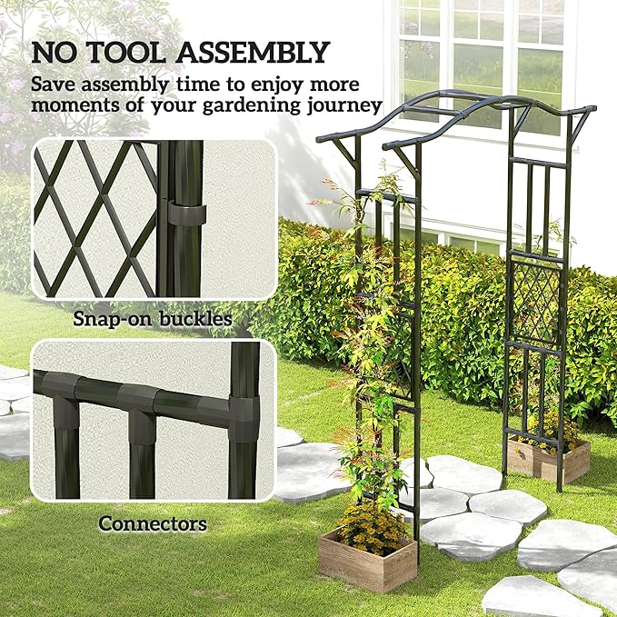 Outsunny Garden Arch, 7.5ft PE-Coated Steel Garden Arch Trellis for Climbing Plants, Arbour Archway with Extended Top for Wedding Ceremony Garden Backyard Lawn Patio, Black