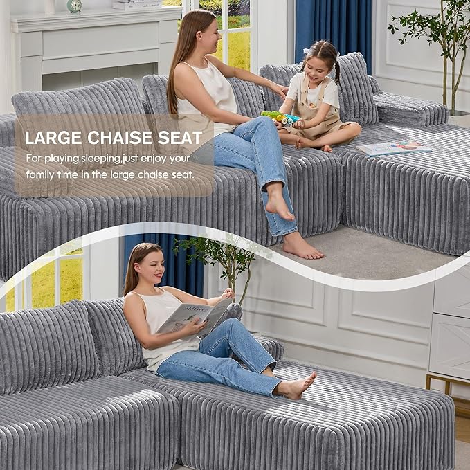 Modular Sectional Sofa Couches L-Shape Couch 3 Seat Modular Sofa Memory Foam Sectional Couches for Living Room, Cloud Couch with Oversized Chaise (Light Grey Stripe, 108" Right Facing Chaise)