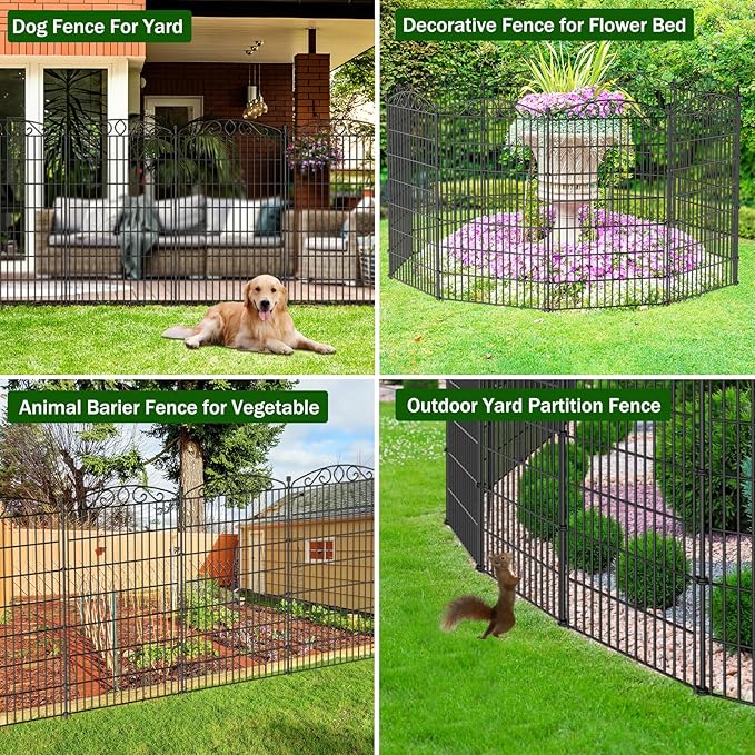 10 Panel No Dig Decorative Garden Fence - 48in H x 23.2 ft L, Tall Animal Barrier for Dogs Rabbits, Rustproof Metal Wire Panels for Yard, Patio, and Outdoor Border Use