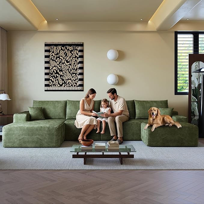 136" Sectional Couches for Living Room Cloud Couch Sofa with L-Shape Upholstered Boneless Couchs Modern Modular Sectional Couch with Chaise (Green, 136" Left Facing Chaise+3Seaters+Ottoman)