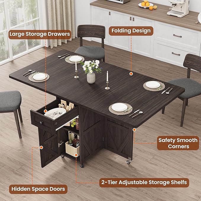 Space Saving Folding Dining Table, Farmhouse Foldable Dining Table with Drawer and 2-Layer Storage Shelf, 6 Wheels Multipose Expandable Folding Kitchen Table for Small Space (Dark Walnut)