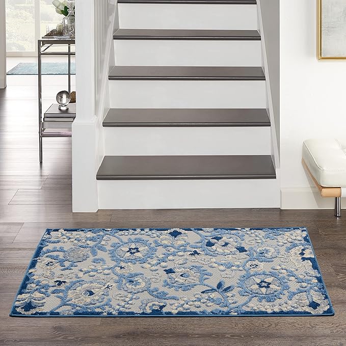 Nourison Home Aloha Blue Grey 3' x 5' Area Rug - Easy Clean, Non Shedding, Bed Room, Living Room, Dining Room, Kitchen (3' x 5')