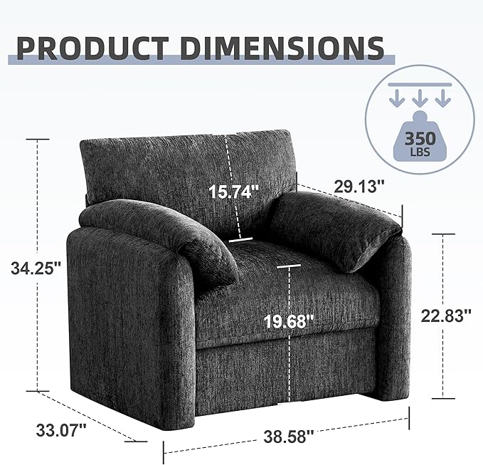 Chenille Oversized Armchair, 38.6'" Wide Accent Chairs for Living Room & Bedroom Modern Lounge Chair, Upholstered Mid-Century Reading Chair (Darkgray, 1 Pack)