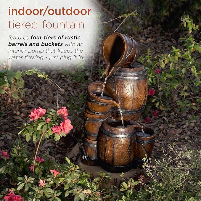 Alpine Corporation ZEN409S Outdoor Rustic 4-Tiered Barrels and Buckets Water Floor Fountain - Farmhouse Style, 24 Inch Tall, Brown