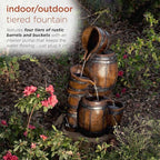 Alpine Corporation ZEN409S Outdoor Rustic 4-Tiered Barrels and Buckets Water Floor Fountain - Farmhouse Style, 24 Inch Tall, Brown