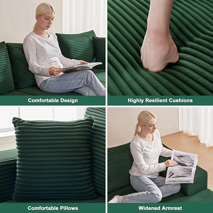 110” Cloud Sectional Couch, Boneless Sofa for Living Room, Modular Sectional Sofa with Deep Seat, Comfy Fluffy U-Shaped Couch with Right-Facing Chaise, No Assembly Required, Green