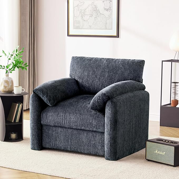 Chenille Oversized Armchair, 38.6" Wide Accent Chairs for Living Room & Bedroom Modern Lounge Chair, Upholstered Mid-Century Reading Chair, Comfy Living Room Chair, Single Sofa Chair, Blue