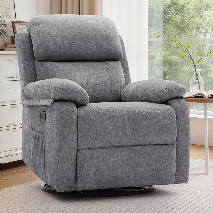 Recliner Chair, 360 Swivel Rocker Chair for Adults, Small Rocking Recliner Chair for Small Spaces, Upholstered Chenille Fabric Glider Recliner Nursery Chair with Side Pockets for Living Room