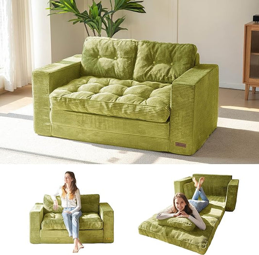 MAXYOYO Convertible Sofa Bed, Pull Out Loveseat Sleeper Sofa, 2 in 1 Folding Couch Bed, Fold Out Floor Couch with Pillows for Living Room Bedroom Lounge, Green