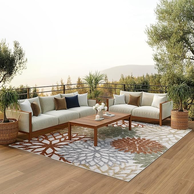 Nourison Home Aloha Indoor/Outdoor Ivory Multicolor 6' x 9' Area Rug, Easy Cleaning, Non Shedding, Bed Room, Living Room, Dining Room, Backyard, Deck, Patio (6x9)