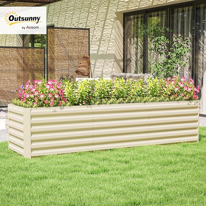 Outsunny 8 x 2 x 2ft Galvanized Raised Garden Bed Kit, Outdoor Metal Elevated Planter Box with Safety Edging, Large Raised Bed for Growing Flowers, Herbs and Vegetables, Cream White