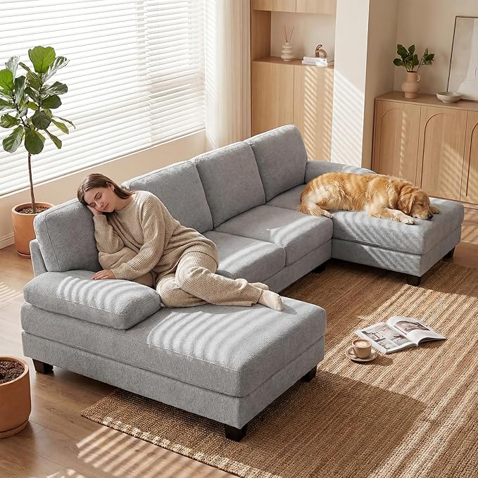 Homall Modular Sectional U Shaped Sofa Couches for Living Room, Comfy Linen Fabric 4 Seat Sofa Set with Removable Pillows, Lounge Chaise Upholstered Couch for for Apartment (Loop Yarn, Pearl Gray)