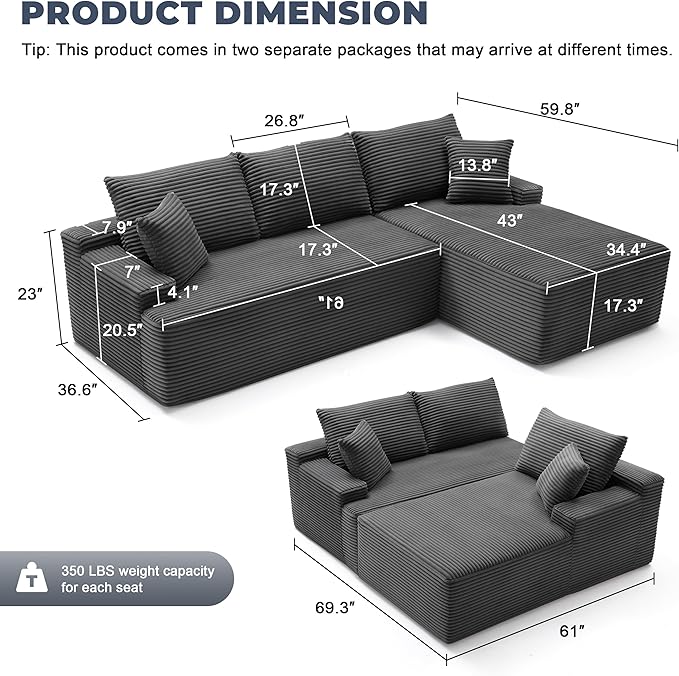 Cloud Sectional Sofa, Boneless Couch for Living Room, Modular Sectional Sofa with Deep Seat, Fluffy L-Shaped Comfy Couch with Right-Facing Chaise, No Assembly Required, Grey
