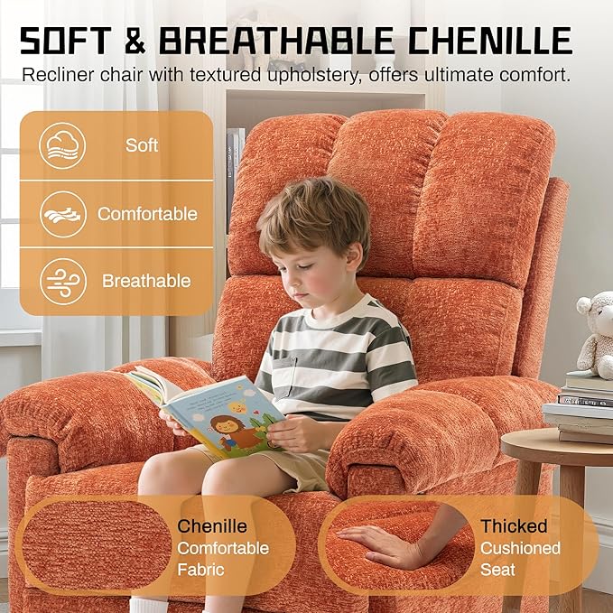 Recliner Chair, Swivel Rocker Recliner Chair for Adults, Small Recliners for Small Spaces, Manual Recliner with Side Pockets, Upholstered Nursery Rocking Chair for Living Room, Chenille, Orange
