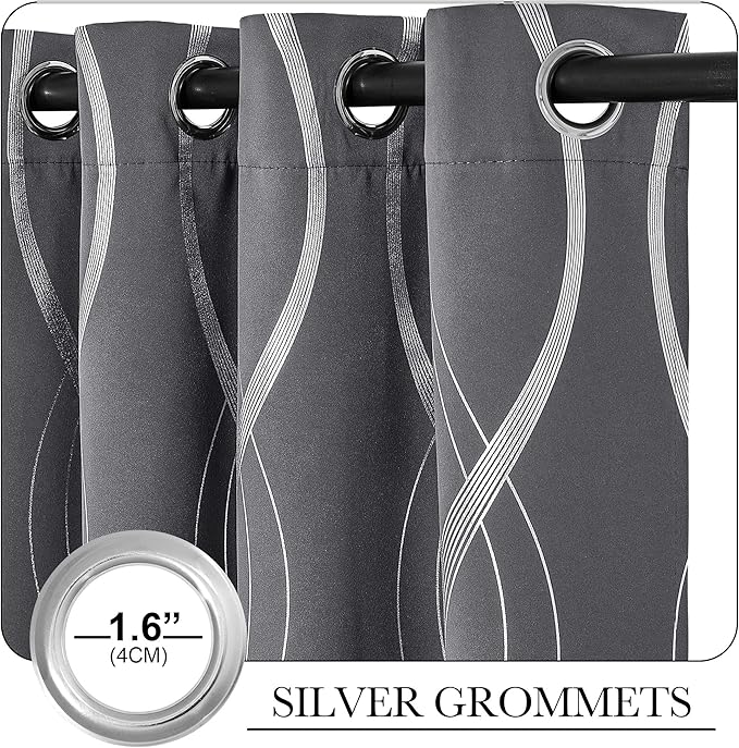 NICETOWN Gray Blackout Curtains 72 inch Long for Bedroom - Microfiber Noise Reducing Thermal Insulated Wave Line Foil Print Design Drapes for Patio Sliding Glass Door (2 Panels, 52 x 72 Inch)