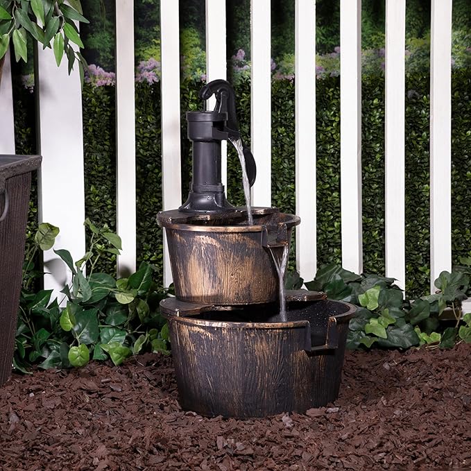 Alpine Corporation 27" Tall Rustic Outdoor 2-Tier Barrel Pump Water Fountain with Soothing Cascading Water Flow for Patio, Yard, Porch, or Landscape, Bronze
