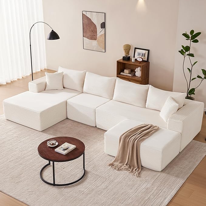 140” Cloud Sectional Couch, Modular Sectional Sofa with Deep Seat, Boneless Sofa for Living Room, Fluffy Comfy U-Shaped Couch with Left Facing Chaise, No Assembly Required, Beige