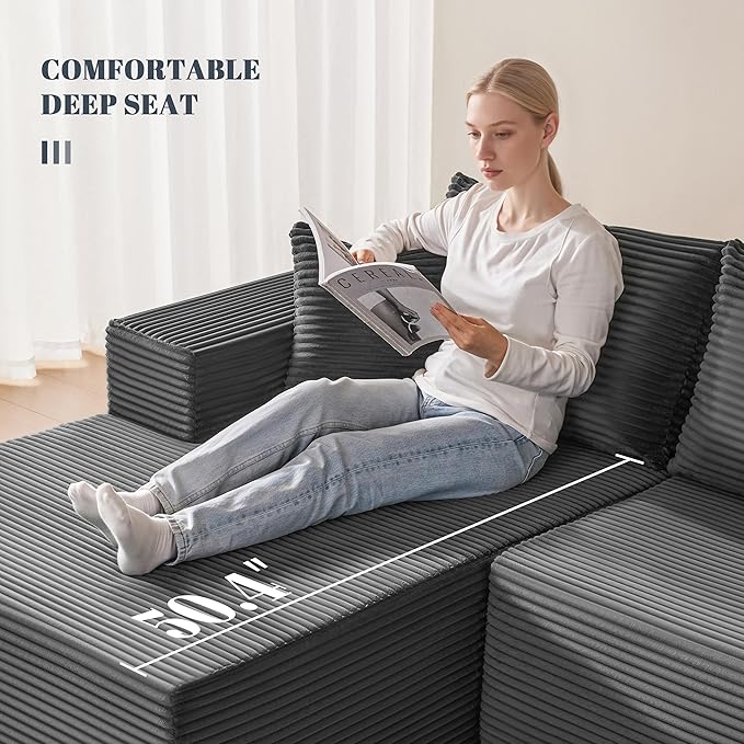 110” Cloud Sectional Couch, Modular Sectional Sofa with Deep Seat, Boneless Sofa for Living Room, Fluffy Comfy U-Shaped Couch with Left Facing Chaise, No Assembly Required, Grey