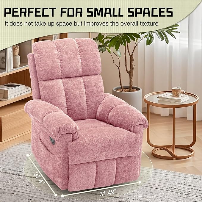Recliner Chair, Swivel Rocker Recliner Chair for Adults, Small Recliners for Small Spaces, Manual Recliner Chair with Side Pockets, Nursery Rocking Chair for Living Room, Chenille, Rose Pink