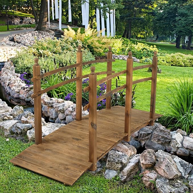 VINGLI 7.5 ft Garden Bridge, Arch Walkway Wooden Bridge with Safety Rails Stained Finished, Decorative Landscaping Footbridge for Koi Pond, Dry Creek Bed, Garden Pathway or Rustic Wedding Decor