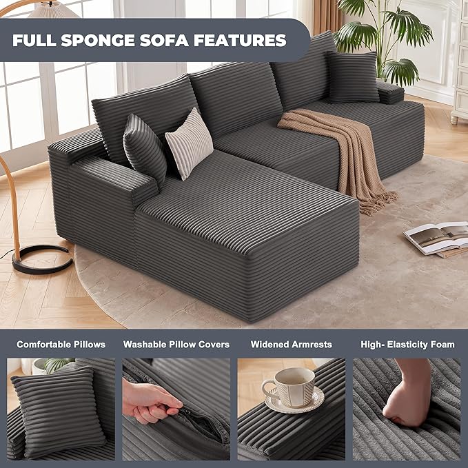 Cloud Sectional Couch, Boneless Sofa for Living Room, Fluffy Comfy Couch with Deep Seat, Modular Sectional Sofa with L-Shaped Chaise, No Assembly Required, Dark Grey