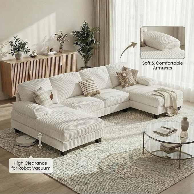 Homall Sectional U Shaped Sofa Couches for Living Room, Comfy Corduroy 4 Seat Sofa Set with Removable Pillows, Lounge Chaise Upholstered Couch for for Apartment (Corduroy, Beige)