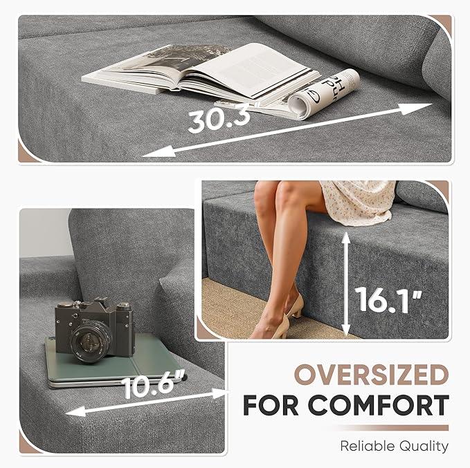 Homall 108" Modular Sectional Sofa, Boneless Couch with L-Shape Chaise, Cloud Couch with Deep Seat Upholstered, No Assembly Required for Living Room, Bedroom (Chenille, Grey)