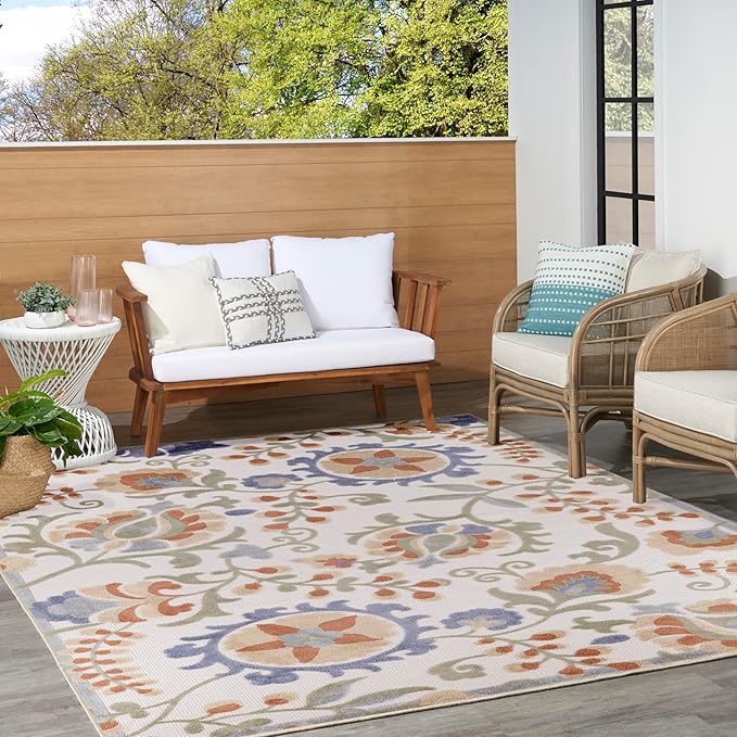 Nourison Home Aloha Ivory Blue 7'10" x 10'6" Area Rug - Easy Clean, Non Shedding, Bed Room, Living Room, Dining Room, Kitchen (8' x 11')