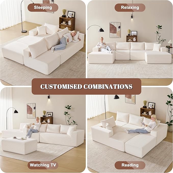 140” Cloud Sectional Couch, Modular Sectional Sofa with Deep Seat, Boneless Sofa for Living Room, Fluffy Comfy U-Shaped Couch with Left Facing Chaise, No Assembly Required, Beige