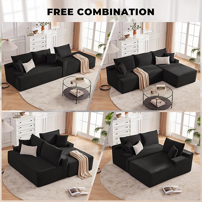 Cloud Sectional Sofa, Boneless Couch for Living Room, Modular Sectional Sofa with Deep Seat, Fluffy L-Shaped Comfy Couch with Right-Facing Chaise, No Assembly Required, Black