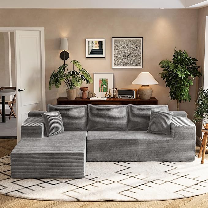 Homall 108" Modular Sectional Sofa, Boneless Couch with L-Shape Chaise, Cloud Couch with Deep Seat Upholstered, No Assembly Required for Living Room, Bedroom (Corduroy, Grey)