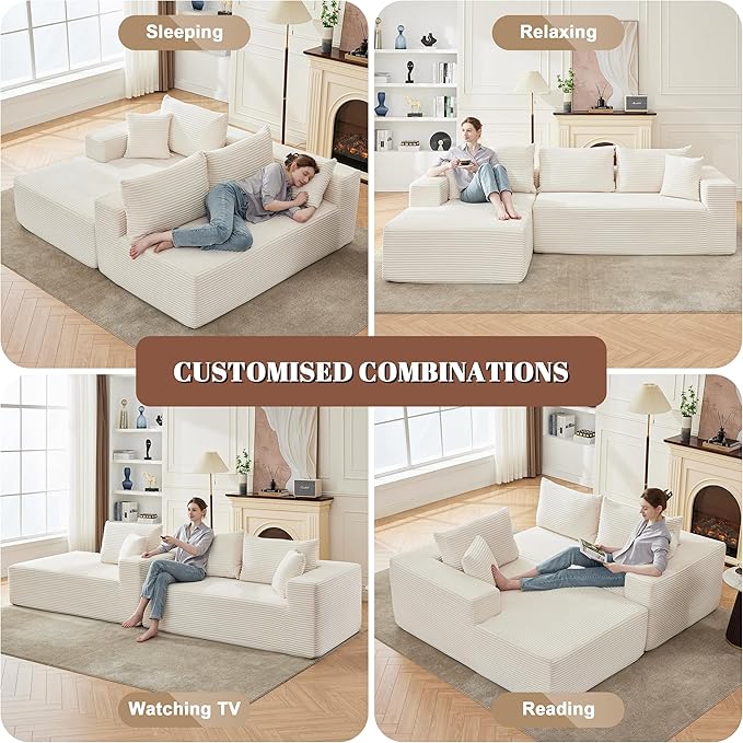 110” Cloud Sectional Couch, Modular Sectional Sofa for Living Room, Boneless Sofa with Deep Seat, Comfy Fluffy Couch with L-Shaped Chaise, No Assembly Required (Left-Facing Chaise, Beige)