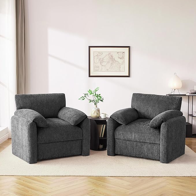 Chenille Oversized Armchair, 38.6'" Wide Accent Chairs for Living Room & Bedroom Modern Lounge Chair, Upholstered Mid-Century Reading Chair,Comfy Living Room Chair(Darkgray, 2 Pack)