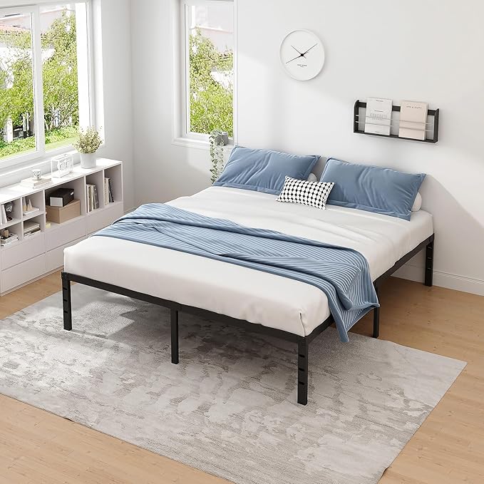 Metal Bed Frame,King Size Bed Frame with Storage Space,Heavy Duty Sturdy Mattress Foundation,Easy Assembly,No Box Spring Needed, Black,14 Inch,King