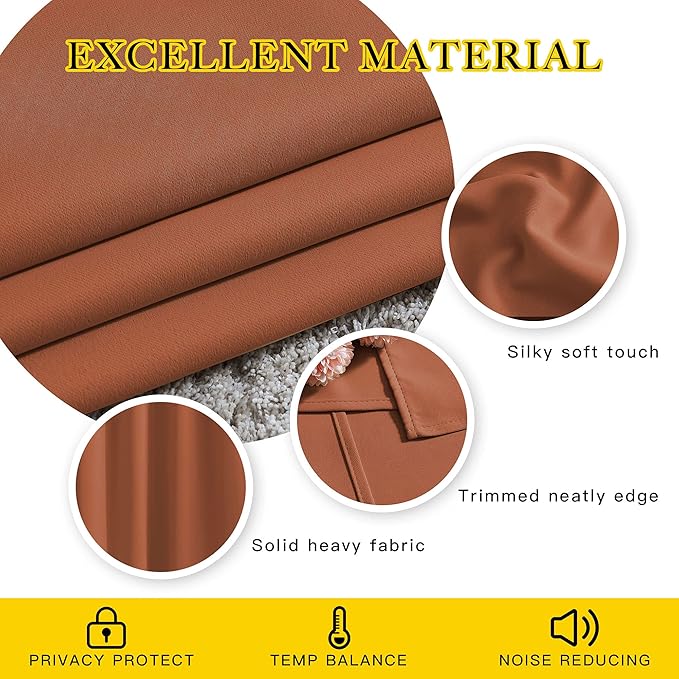 NICETOWN Bedroom Blackout Curtains Panels - Triple Weave Energy Saving Thermal Insulated Solid Grommet Blackout Draperies for Patio (80 inches by 108 Inch,Burnt Orange, Set of 2)