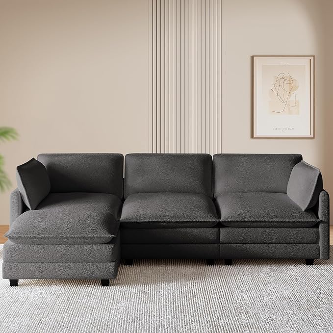 ROWHY 112'' Modular Sectional Cloud Couch with Movable Ottoman, 4 Seat Modern Chenille Sofa with 2 Throw Pillows, Deep Seat L Shaped Couch for Living Room Bedroom Apartment, Dark Grey | Arrange Freedom, Pet-Friendly Fabric, Sturdy Frame, Ultimate Comfo...