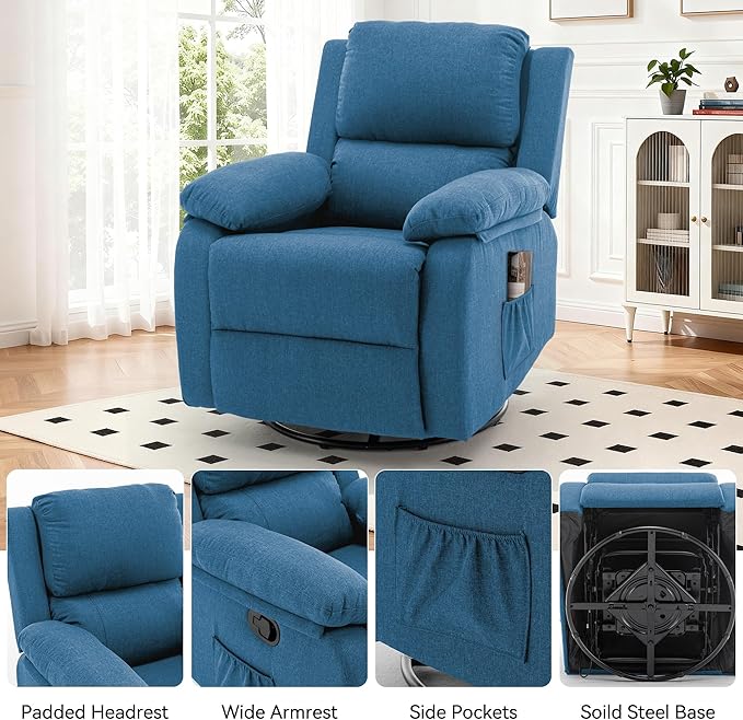 Recliner Chair, 360 Swivel Rocker Chair for Adults, Small Rocking Recliner for Small Spaces, Upholstered Fabric Glider Recliner Nursery