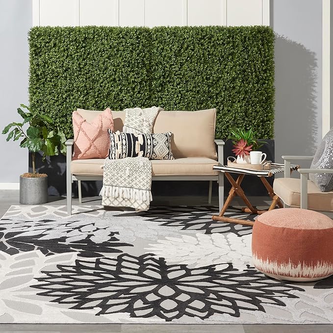 Nourison Home Aloha 114" x 156" Fabric Indoor/Outdoor Rug in Black/White Finish