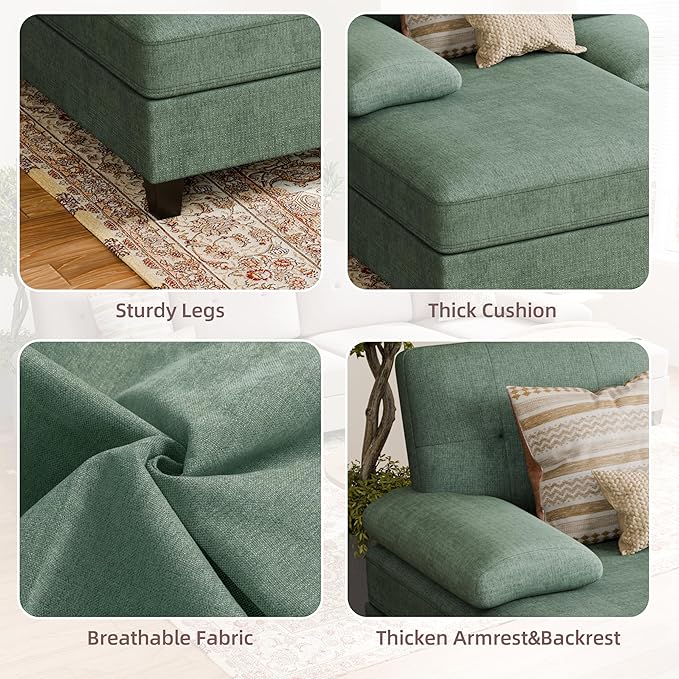 Shintenchi U-Shaped Sectional Couches for Living Room, 4 Seat Sofa with Double Chaise Lounges,Solid Wood Frame Sectional Sofa for Apartment,Green