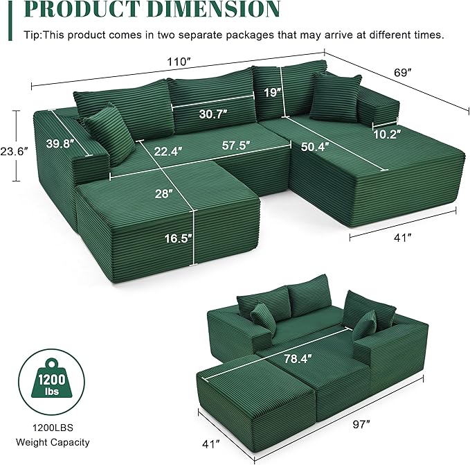 110” Cloud Sectional Couch, Boneless Sofa for Living Room, Modular Sectional Sofa with Deep Seat, Comfy Fluffy U-Shaped Couch with Right-Facing Chaise, No Assembly Required, Green