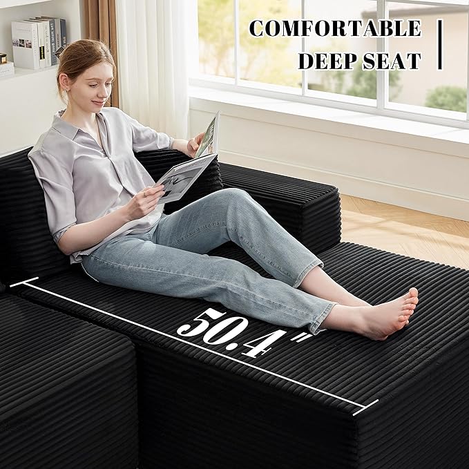 110” Cloud Sectional Couch, Boneless Sofa for Living Room, Modular Sectional Sofa with Deep Seat, Comfy Fluffy Couch with L-Shaped Chaise, No Assembly Required (Right-Facing Chaise, Black)