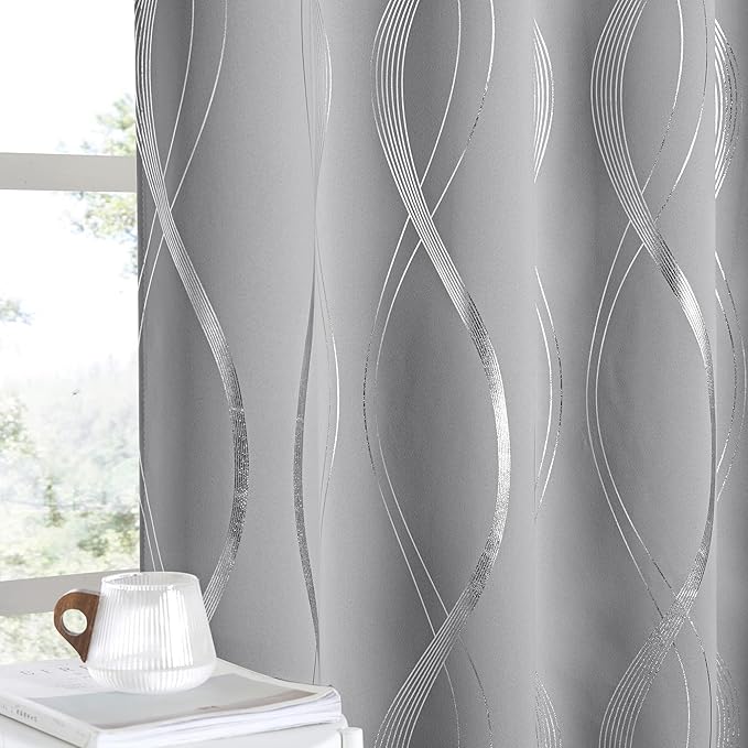 NICETOWN Blackout Curtains 63 inch Length 2 Panels, Silver Grey Window Treatment Thermal Insulated Soundproof Grommet Wave Line Foil Print Design Draperies for Living Room (52 inches Wide)
