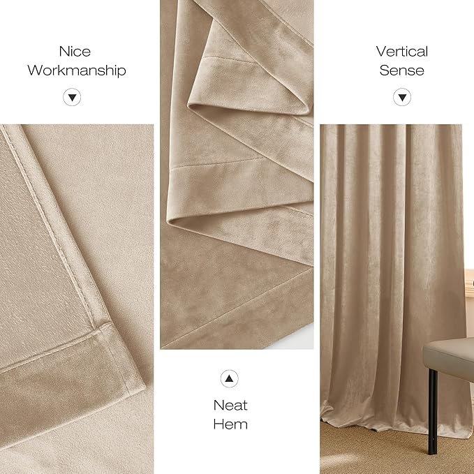 NICETOWN Beige Velvet Curtains Long Drapes, Living Room Office Luxury Bedroom Room Darkening Velvet Curtains, Rod Pocket Drapes 96" Long, 52 inches Wide, Set of 2