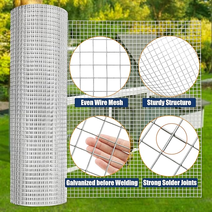 1/4inch 16Inch（H） x25Ft（L） 23 Gauge Mental Mesh Roll Hardware Cloth Chicken Fence Powder Coated Galvanized Welded Fence for Poultry Cage Home Improvement Projects