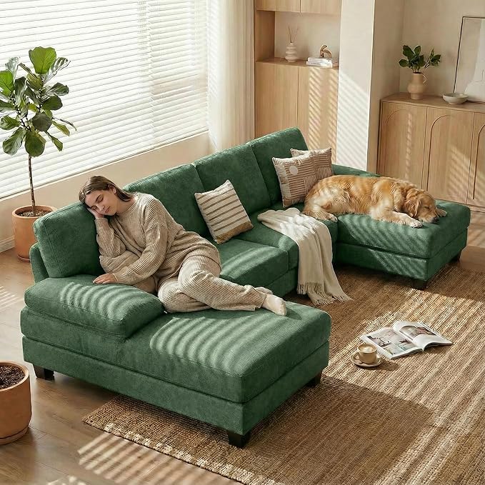Homall Sectional U Shaped Sofa Couches for Living Room, Comfy Chenille 4 Seat Sofa Set with Removable Pillows, Lounge Chaise Upholstered Couch for for Apartment (Chenille, Green)