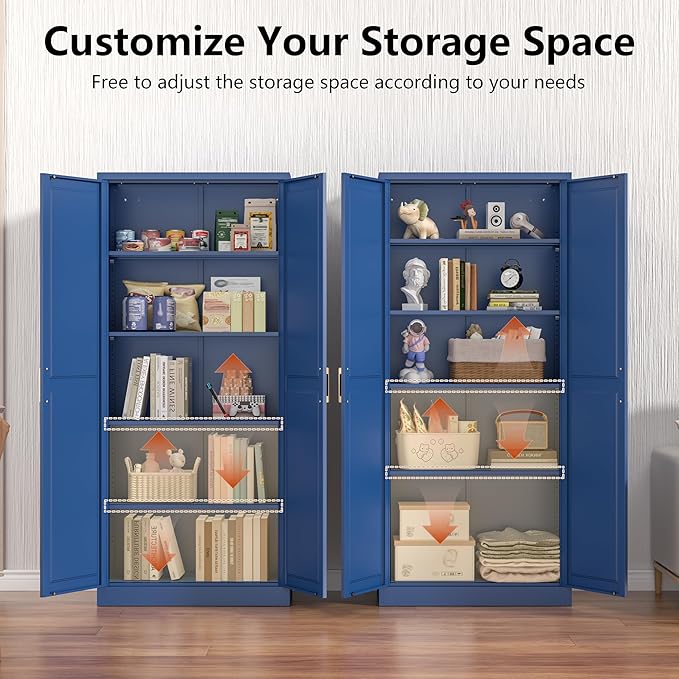Metal Storage Cabinet,75" Tall Kitchen Pantry Storage Cabinet with Doors and Adjustable Shelves, Blue Metal Pantry Cabinets, Large Cupboard for Kitchen, Dining Living Room, Bathroom, Office