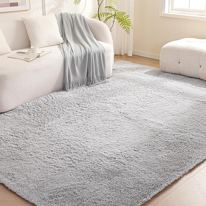 Amazon Basics Fluffy Washable Area Rug, Shaggy Carpet for Living Room, Bedroom, 8' W × 10' L, Gray