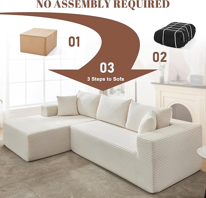 110” Cloud Sectional Couch, Modular Sectional Sofa for Living Room, Boneless Sofa with Deep Seat, Comfy Fluffy Couch with L-Shaped Chaise, No Assembly Required (Left-Facing Chaise, Beige)