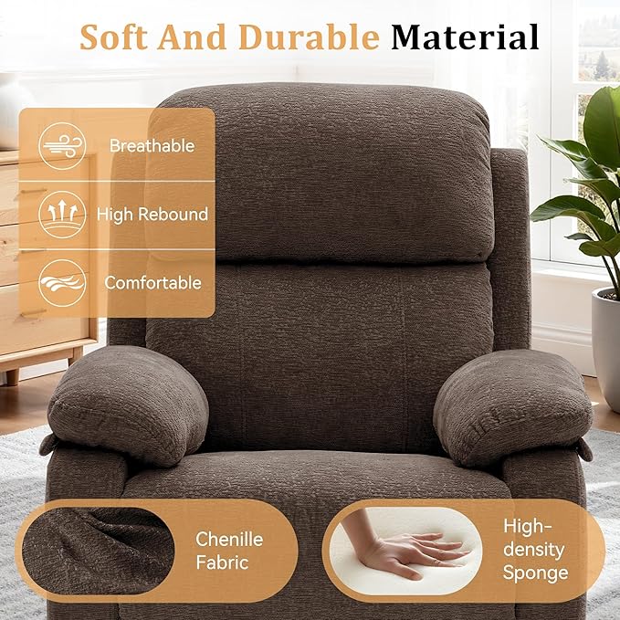 Recliner Chair, 360 Swivel Rocker Chair for Adults, Small Rocking Recliner Chair for Small Spaces, Upholstered Chenille Fabric Glider Recliner Nursery Chair with Side Pockets for Living Room