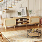 SUPERJARE 70.9 Inch Boho TV Stand for 75 Inch TV, Entertainment Center with Adjustable Shelf, Rattan TV Console with 2 Cabinets, Media Console, Solid Wood Feet, 4 Cord Holes, for Living Room, Natural